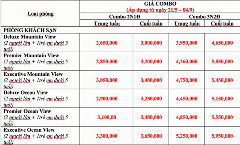Bảng gi&aacute; combo du lịch C&aacute;t B&agrave; 3 ng&agrave;y 2 đ&ecirc;m