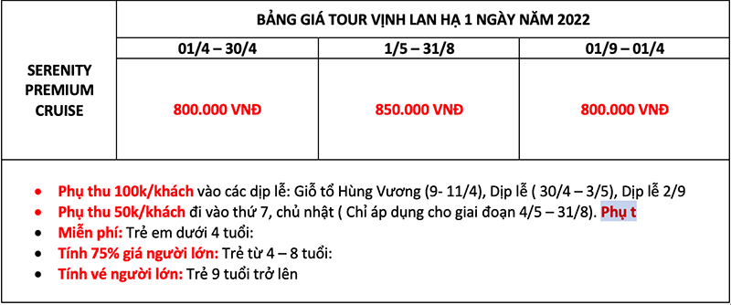 Gi&aacute; tour du thuyền Serenity thăm vịnh Lan Hạ 1 ng&agrave;y